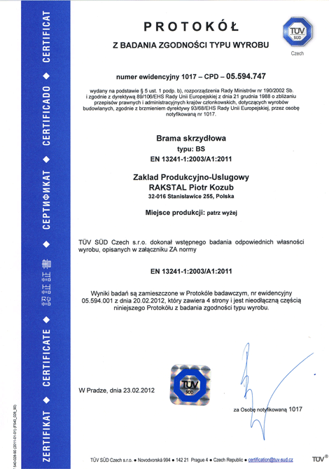 Certyfikaty CE i TUV dla bram